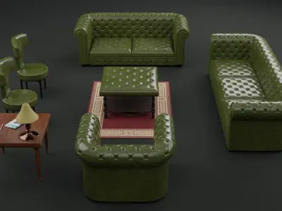 Chesterfield Realistic Leather Antique Green Sofa Set Collection Low-poly 3D model