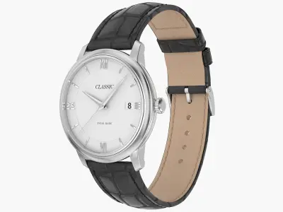 Classic Watch Black Leather Bracelet White Dial 3D model