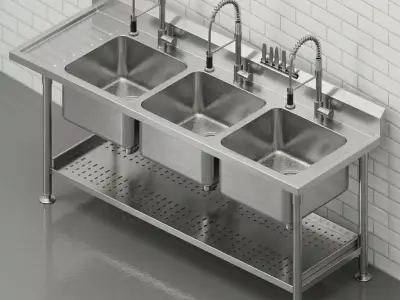 3 Compartment Industrial Sink  Stainless Steel Revit Family 3D model