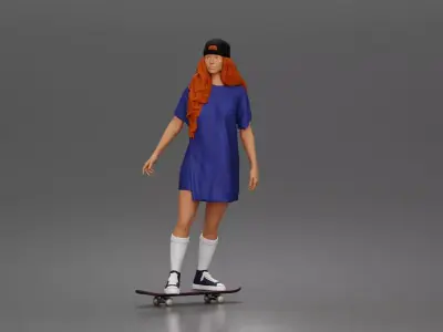 Skateboard girl in long shirt and cap gliding smoothly forward 3D print model