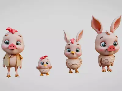 Chibi style farm animals set Low-poly 3D model