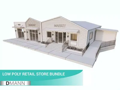 Retail Store Pack - 3 Different Small Buildings Full Textured Low-poly 3D model
