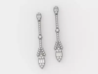 long stud earrings with round and baguette gemstones 3D print model