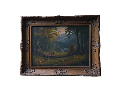 Rustic painting with handcarved wood frame Low-poly 3D model