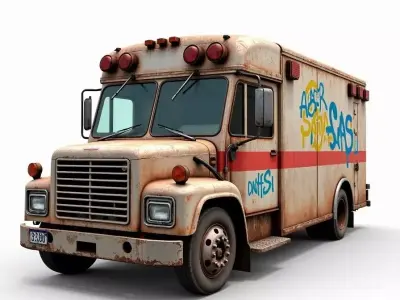 Rusted Abandoned Ambulance Bus 3D Model Post Apocalyptic Vehicle Low-poly 3D model