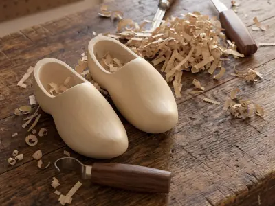Handcrafted Wooden Clogs with Carving Tools Beige 3D model