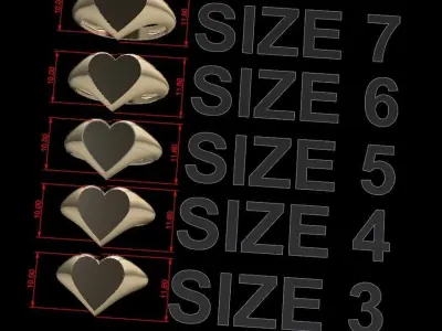 Dainty Heart Signet Ring Mix Size 3D print model