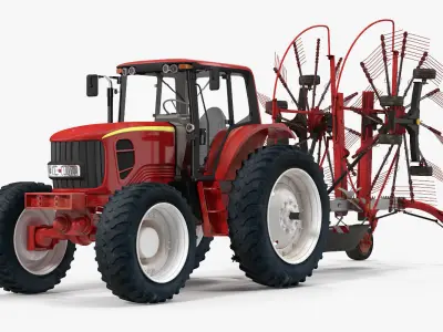 Tractor with Used Twin Rotary Rake Generic Parked 3D model