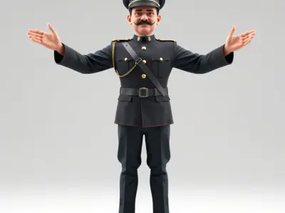 Animated Rigged Military Officer Character Model with Mustache Low-poly 3D model