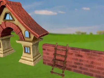 Stylized stone fence with an arch and a house PBR game ready Low-poly 3D model