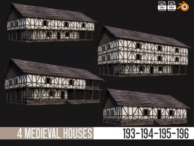 4 Old Medieval Building Pack 4K Textures GameReady 193 to 196 Low-poly 3D model