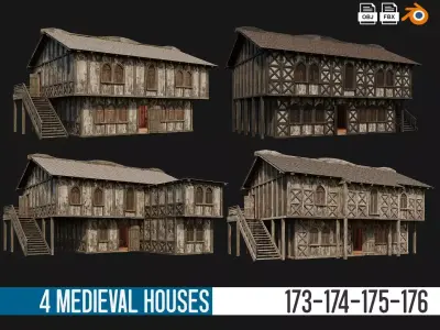 4 Old Medieval Houses Pack 4K Textures GameReady 173 to 176 Low-poly 3D model