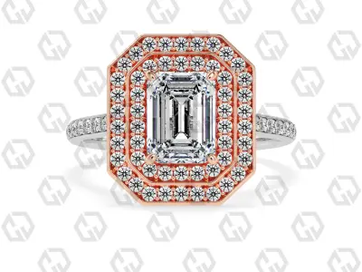 Ring 203 Emerald Shape Cathedral Double Halo pave set with Gems 3D print model