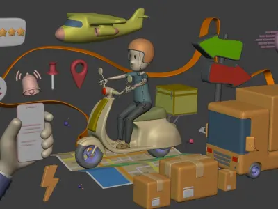Cartoon Transport Pack - Scooter Plane Truck smartphone Hand Man Low-poly 3D model