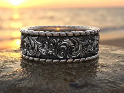 Ornamental Floral Relief Band Vintage Baroque Scroll Ring 3D print model