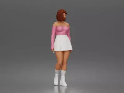 young woman standing pose in off shoulder top skirt outfit 3D print model