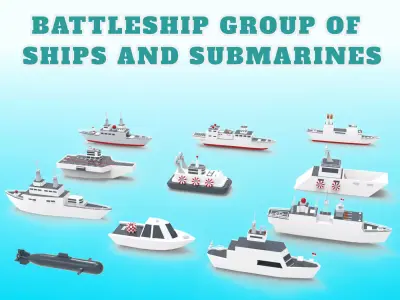 Battleship Collection group of ships and submarines Low-poly 3D model