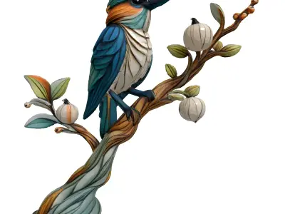 Stylized Bird on Branch Sculpture Low-poly 3D model
