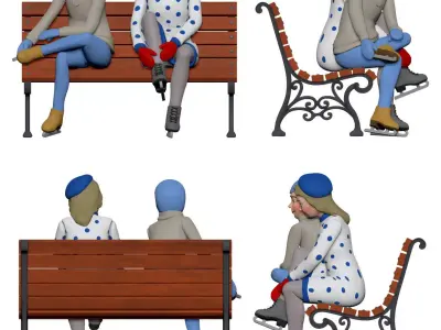 001307 two girls in skates seats on the bench 3D model