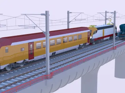 Bridge with passenger and cargo trains 3D model