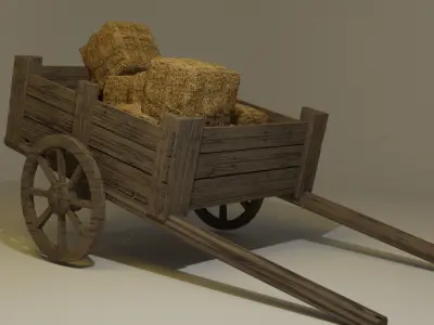 Low Poly Cart wooden wagon with bales of hay Low-poly 3D model