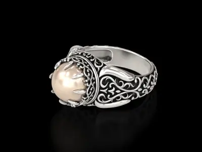 Antique Floral Carving Signet Pearl Ring 3D print model
