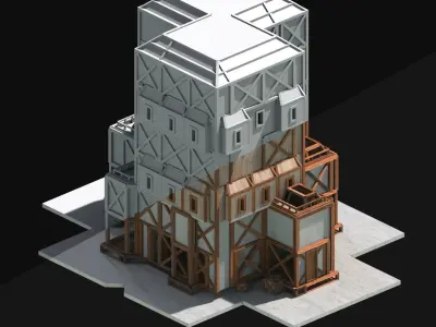 Medieval Low Poly Building Castle Wooden Village Stone House 06 Low-poly 3D model