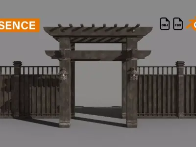 Flexible Wooden Fence Medieval Low-poly 3D model