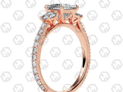 Ring 128 Princess cathedral pave set shank 3 stone ring 3D print model