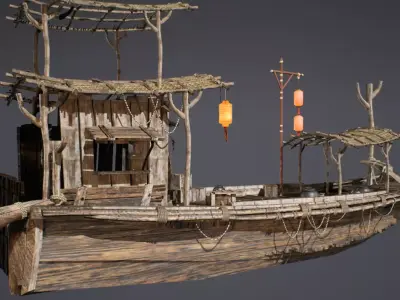 Ancient Chinese Wooden Boat Traditional River Vessel 3D model