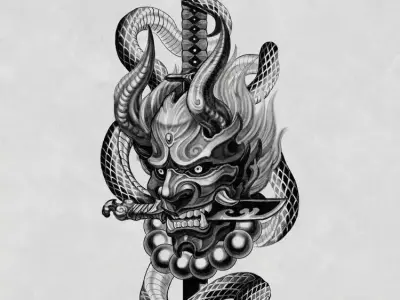 Oni Demon Mask with Snake and Dagger 3D Model 3D print model