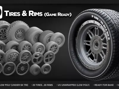 40 Tires and Rims 3D Model - Game Ready Low-poly 3D model