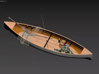 Wooden Fishing Rowboat with Gear and Picnic Set 3D model  3D model