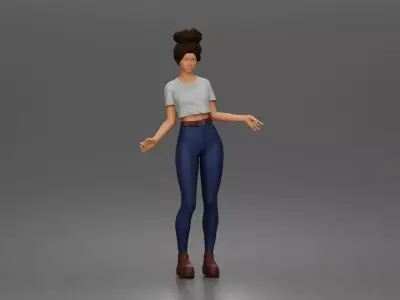 young woman standing pose in t-shirt jeans boots outfit 3D print model