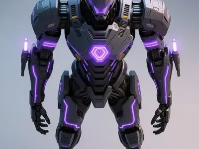 Purple Light Mech 3D Model Robot Glowing Lines Sci-Fi Design Low-poly 3D model