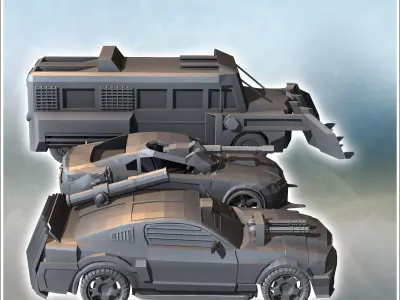 Set of three post-apocalyptic vehicles with improvised armaments 3D print model