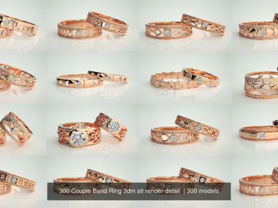 300 Couple Band Ring 3dm stl render detail Part-1 3D Model Pack