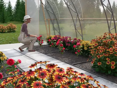 Flowers Greenhouse Tent with Gardener 3D model
