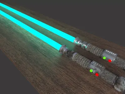 Lightsabers two star wars on wooden table 3D model