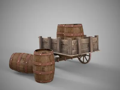 Low-poly 3D model collection of cart and wooden barrels Low-poly 3D model