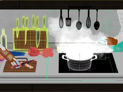 Robot Chef cooking soup 3d realistic animated scene Vray 3D model