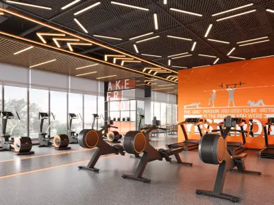 Inside the aerobic zone of an industrial-style gym 3D model