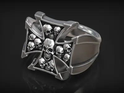 Maltese Heraldic Cross Skull Heads Biker Ring 3D print model