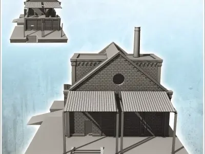 Brick industrial storage warehouse on platform with chimney and  3D print model