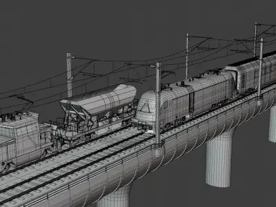 Bridge with passenger and cargo trains 3D model
