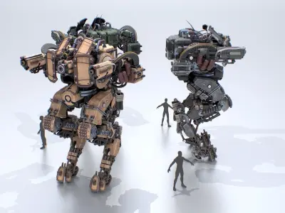 Animated sci-fi military mech Low-poly 3D model