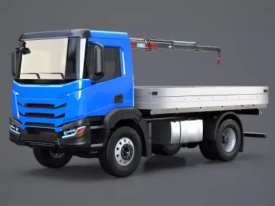 Realistic Flatbed Truck with Loader Crane 3D model
