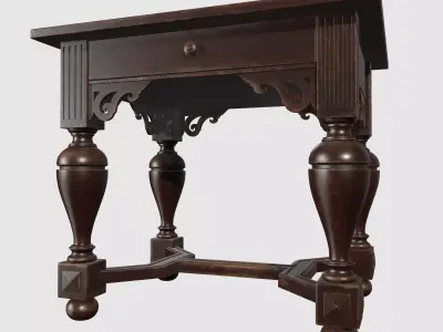 Antique vintage wooden writing desk with carved legs and drawer 3D model