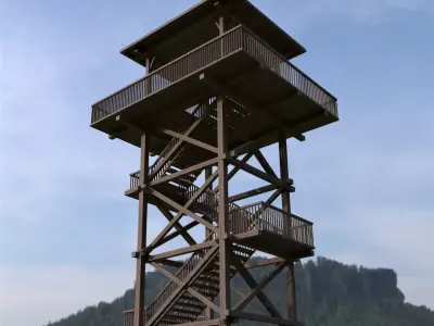 Watchtower wooden tower with stairs in middle of grassy field Free low-poly 3D model