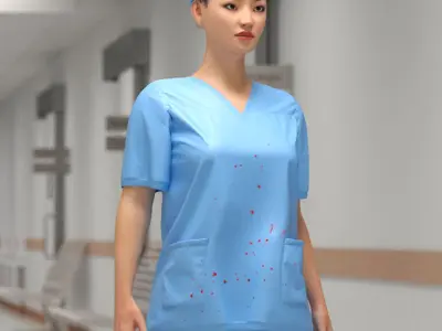  Emergency Nurse Figure Blood Stains T Pose Blue Fur Rigged 